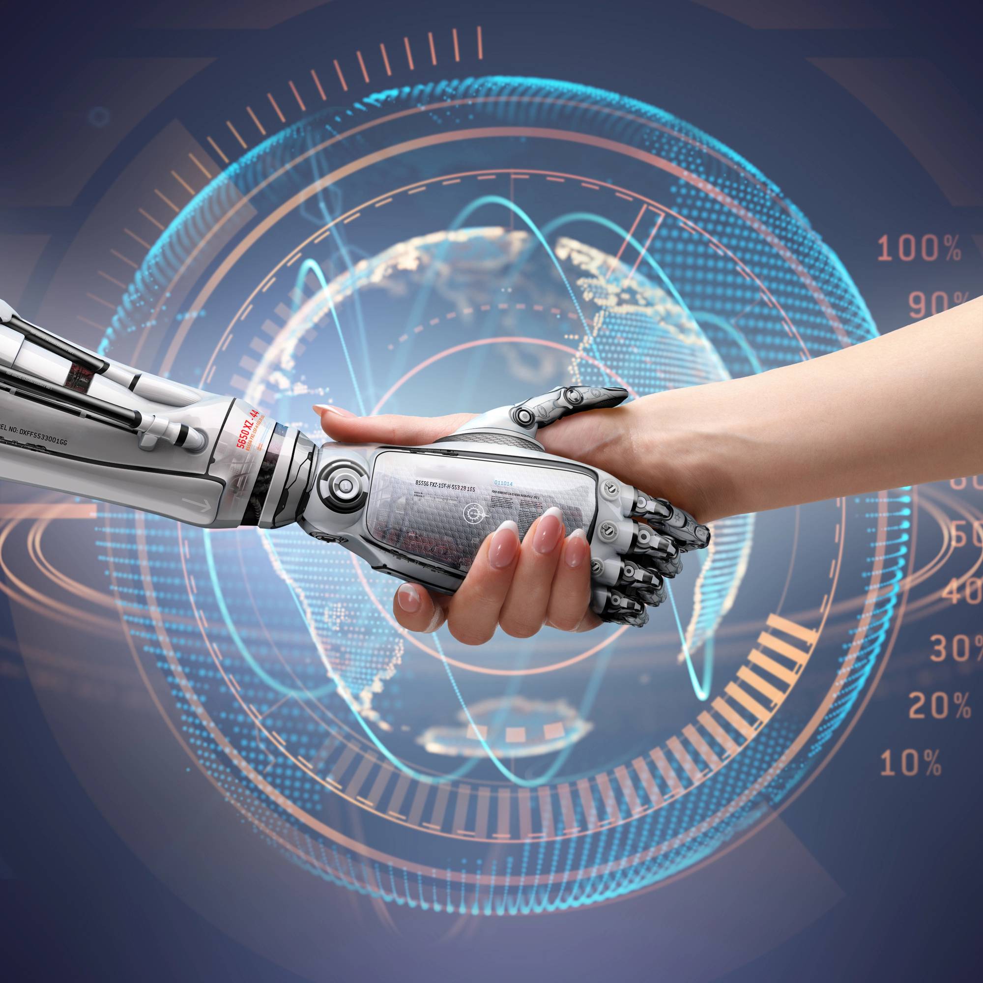 A robotic hand and a human hand shake, set against a digital globe and data graph background, symbolizing human-robot collaboration.