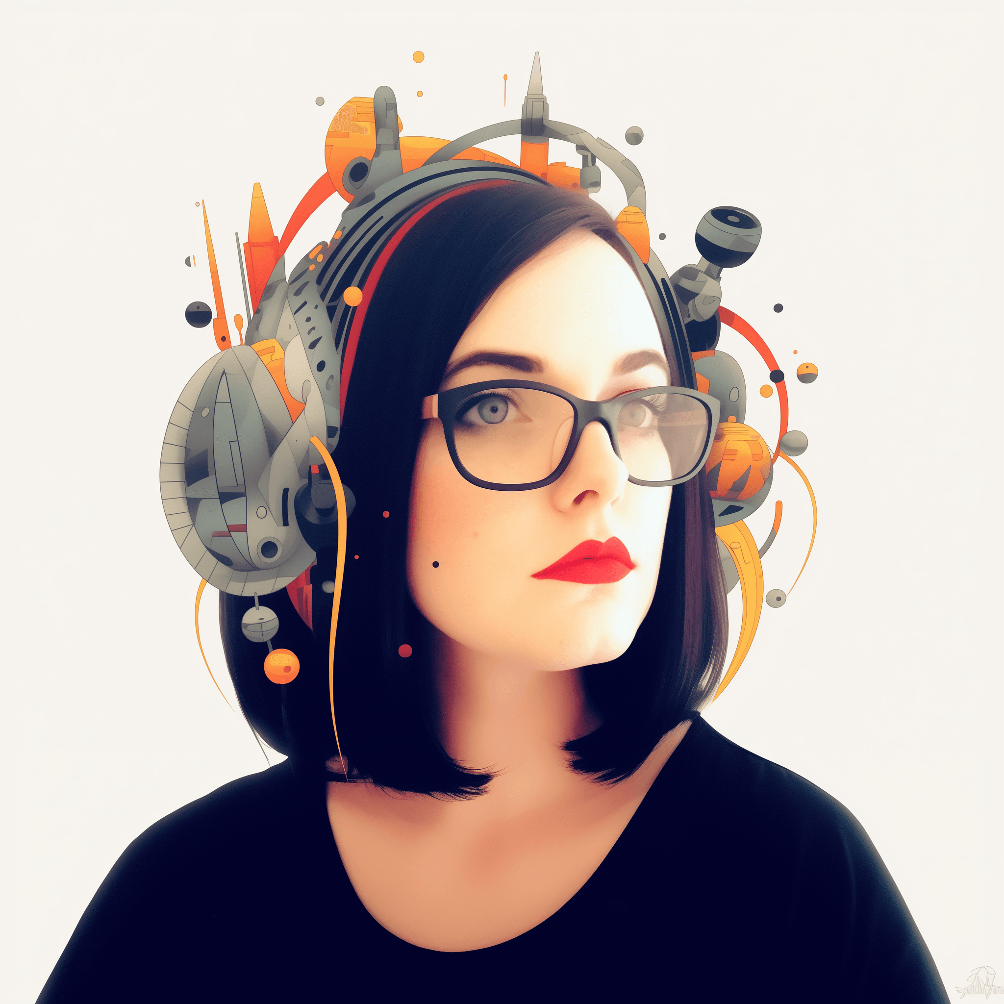 Illustration of a woman with black hair and glasses, surrounded by abstract, colorful mechanical and geometric elements.