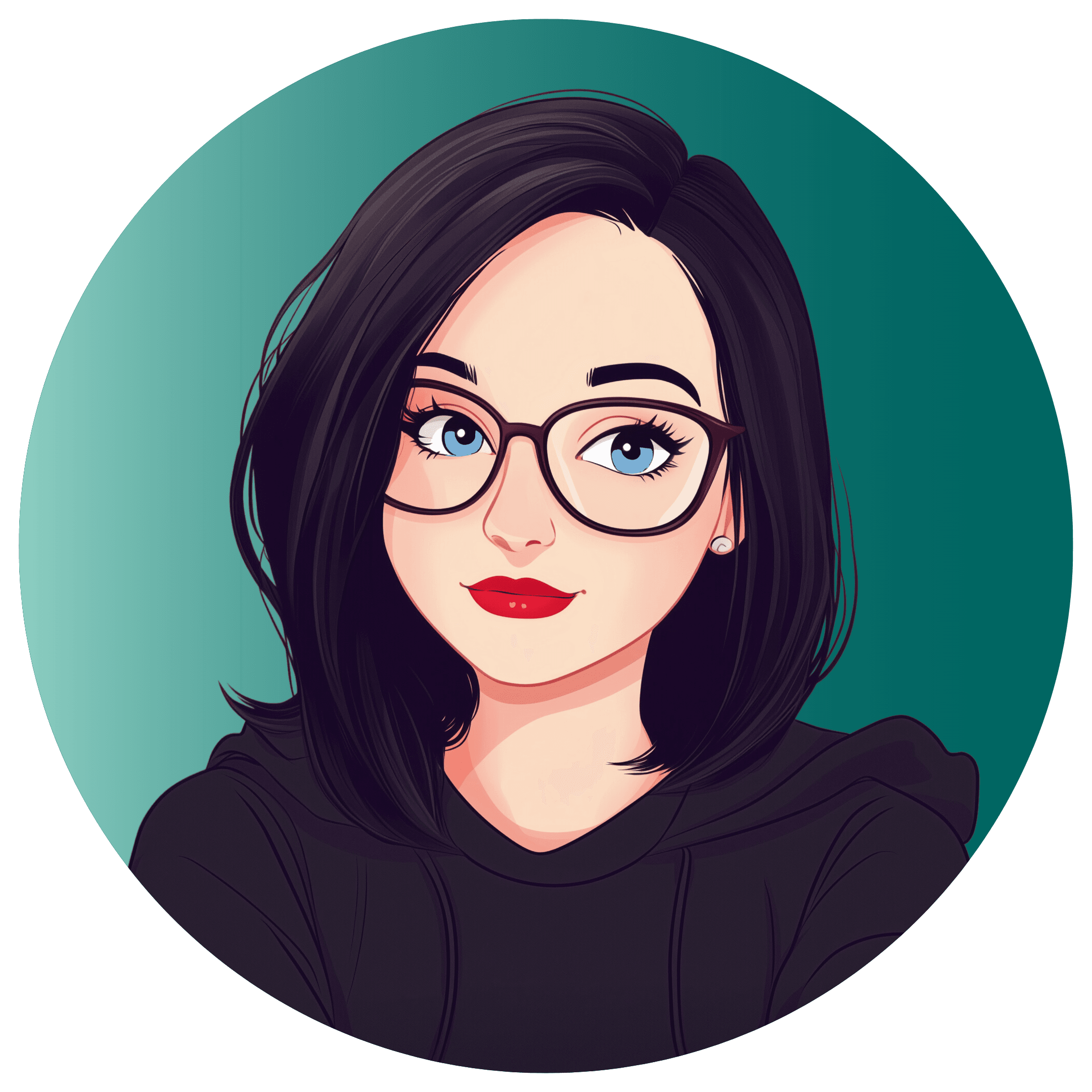 Anna_Blue Eyes_Gradient Background A digital illustration of a person with black hair, wearing glasses and a black hoodie, set against a teal background.