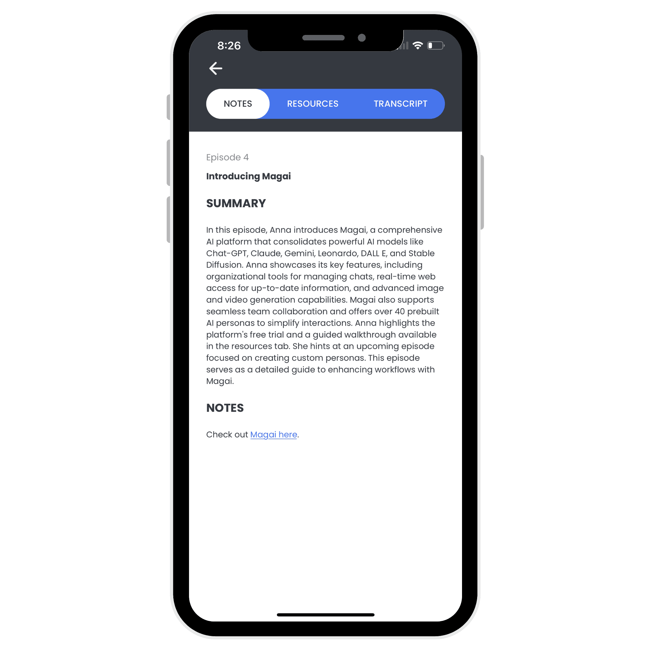 Smartphone displaying a podcast episode page titled 