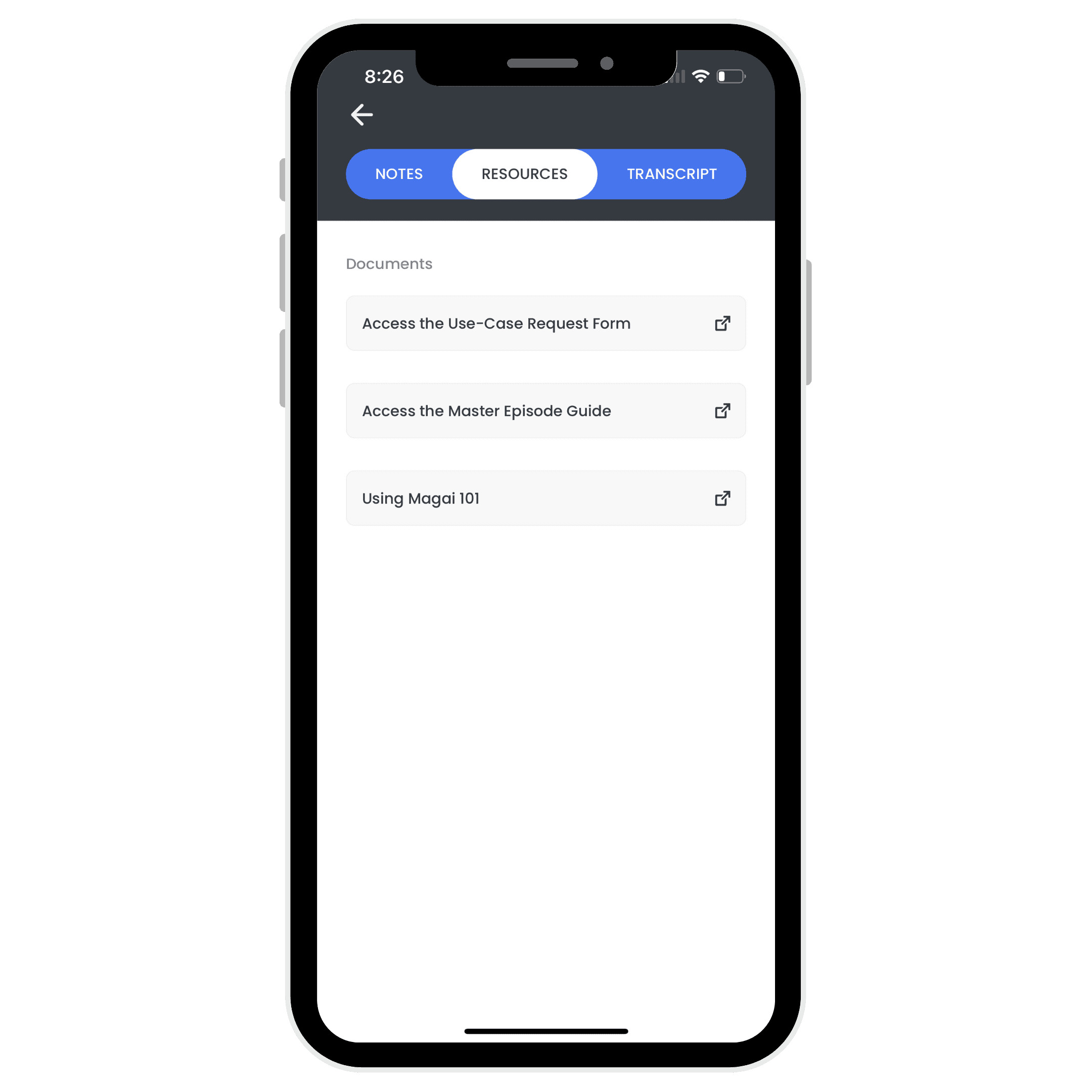 Smartphone screen displaying a menu with three document links: 