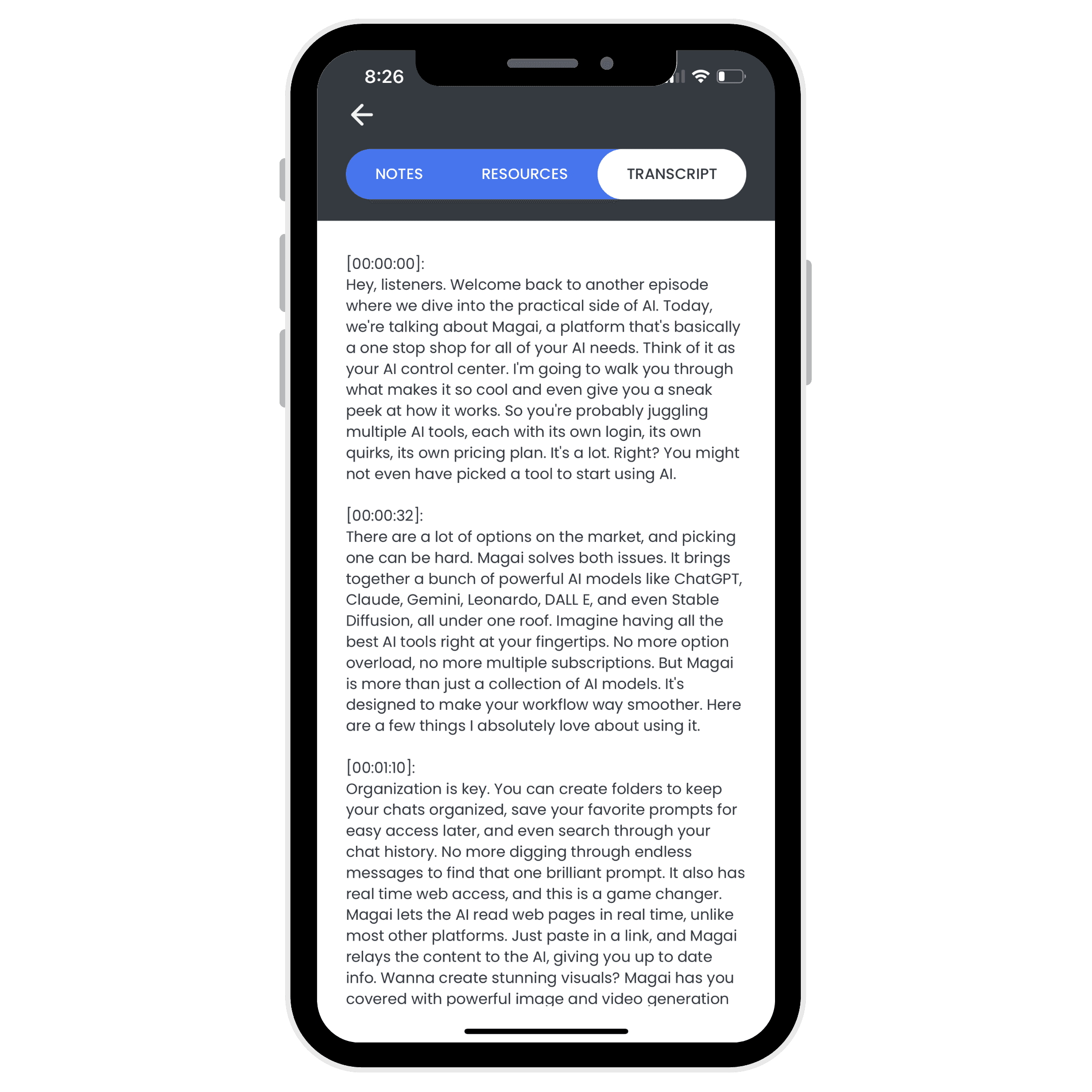 A smartphone displaying a podcast transcript about AI tools like Magai, ChatGPT, Slack, and Canva. The screen shows text discussing their features and use in organizing content.