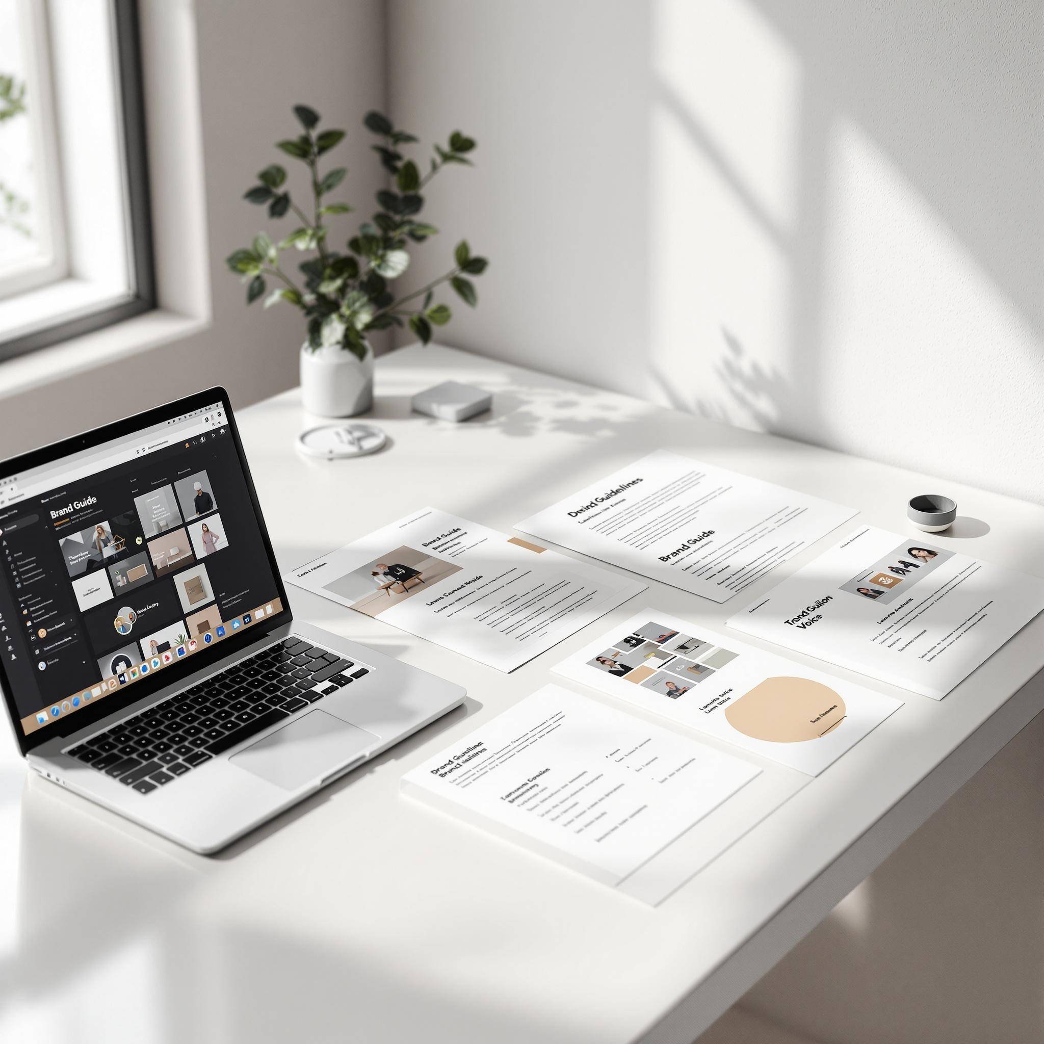 A laptop showing a design software interface is on a white desk alongside printed documents with color and branding details, under natural light from a nearby window. A potted plant is in the corner.