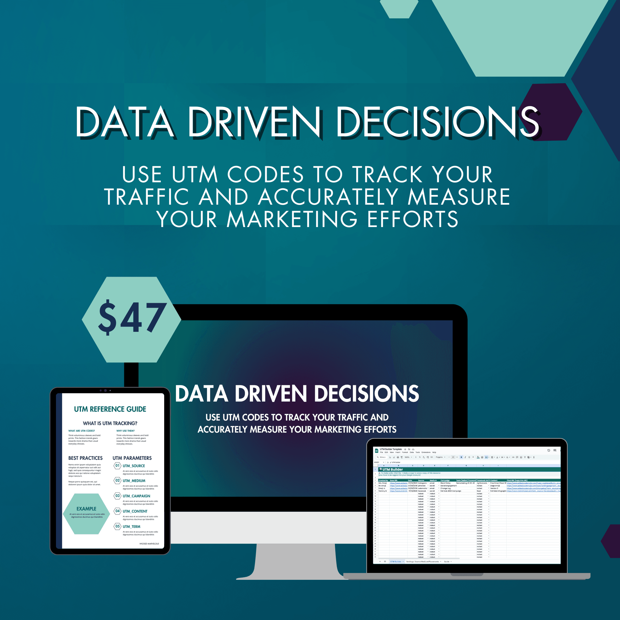 Graphic showing a computer, tablet, and spreadsheet titled 
