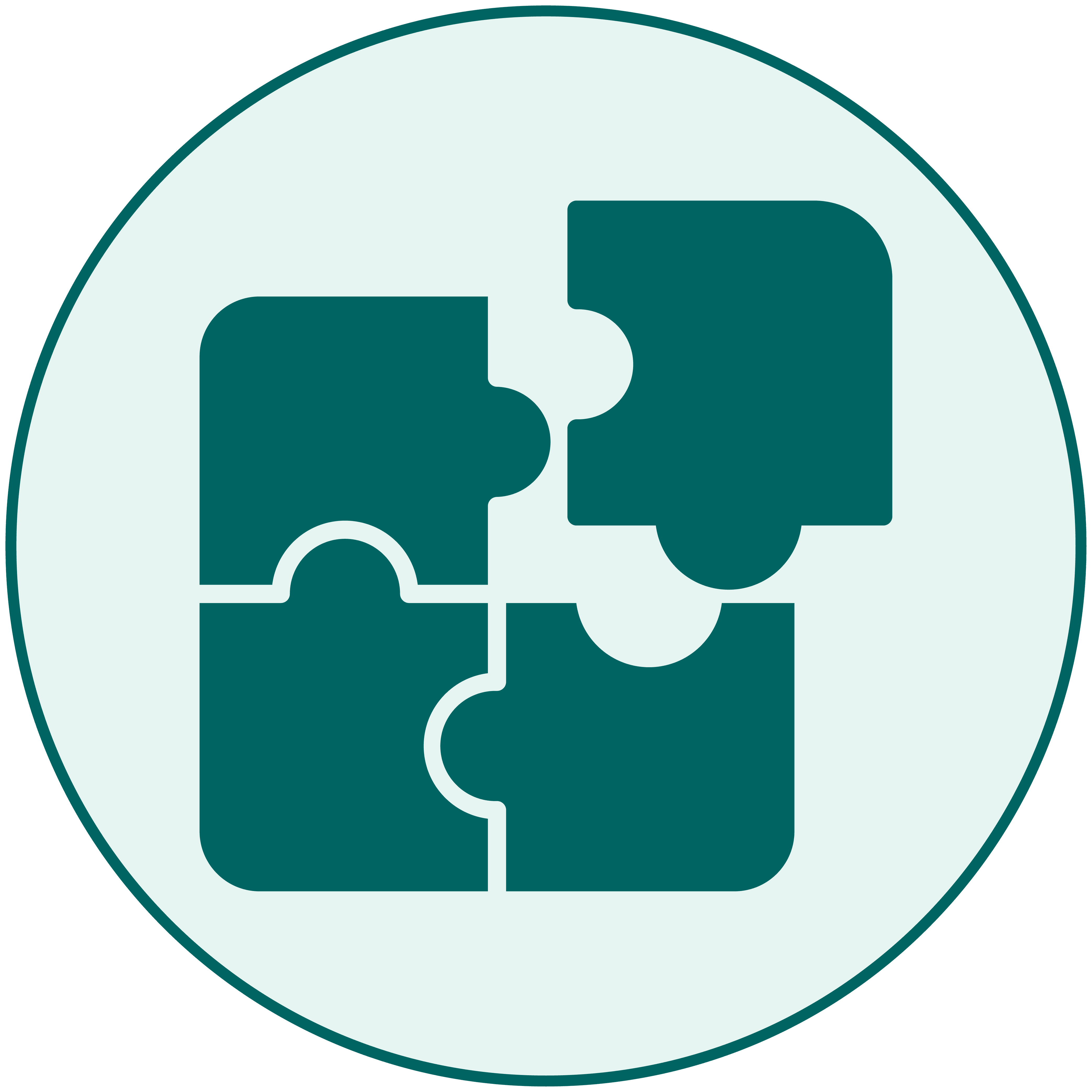 Icon of four teal puzzle pieces fitting together in a circular frame with a light background.