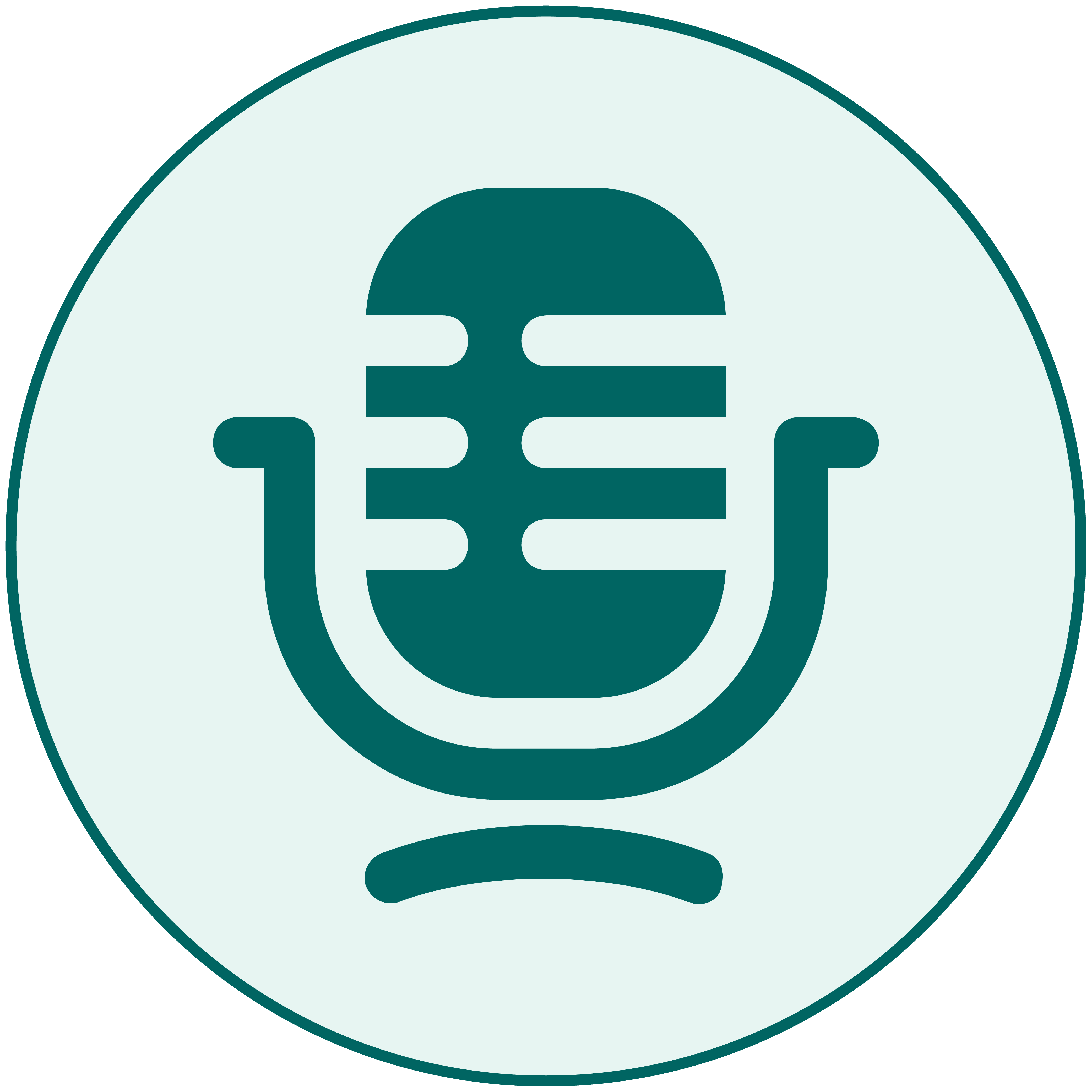 A circular icon featuring a stylized, vintage microphone design in dark teal on a light teal background.