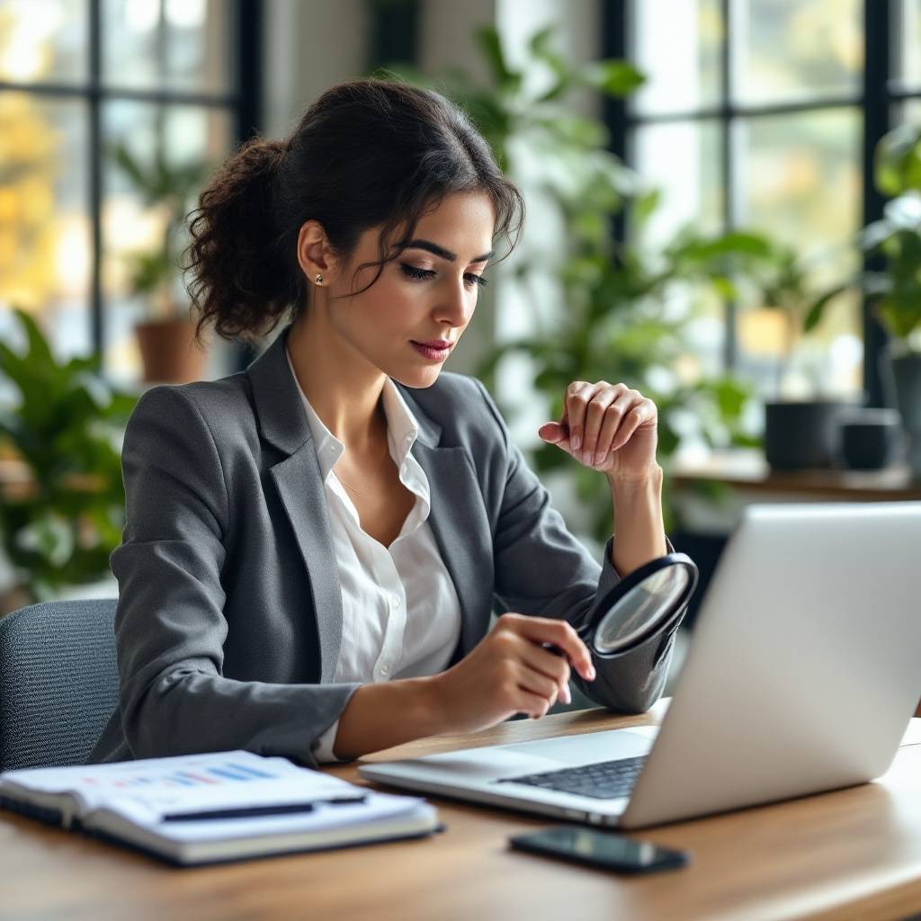 A woman in a gray blazer examines a laptop screen with a magnifying glass at a desk, surrounded by plants and an open notebook.