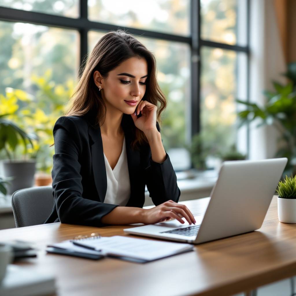 A woman in a black blazer works on a laptop at a wooden desk, surrounded by plants, with large windows in the background.