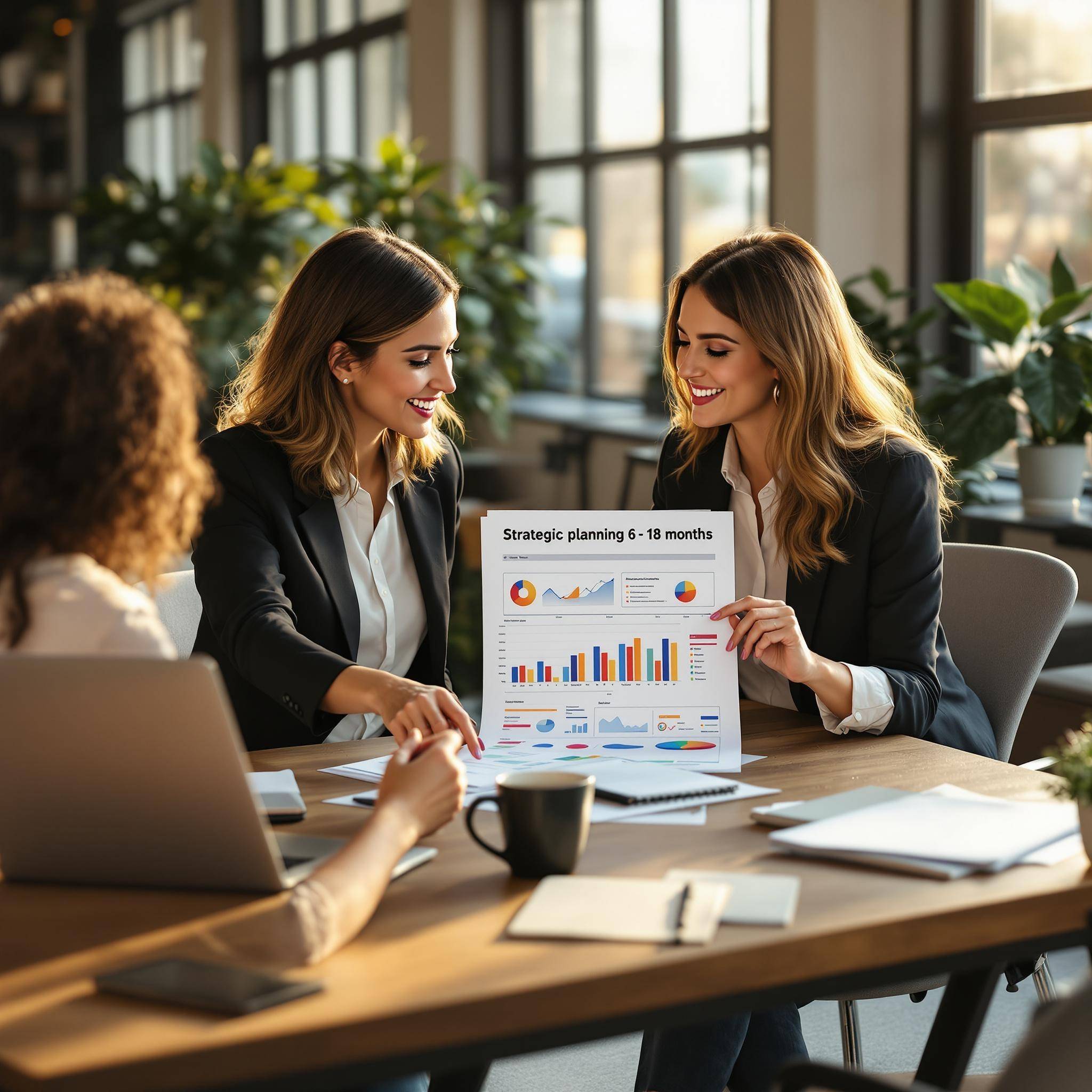 Three women in business attire discussing a colorful strategic planning chart in a well-lit office with several plants around.