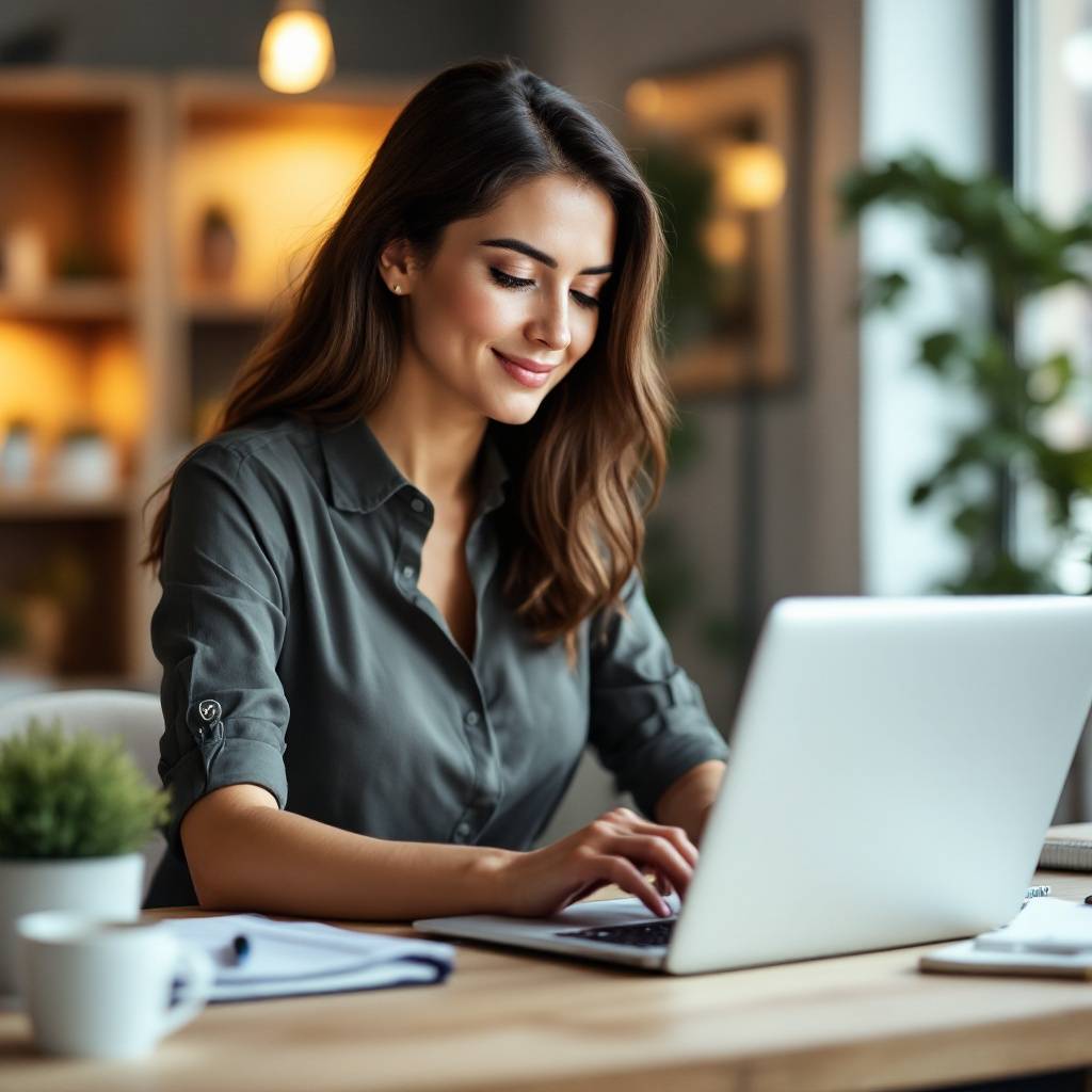A woman in a gray shirt is smiling while typing on a laptop at a wooden desk. There are plants and office items in the background.