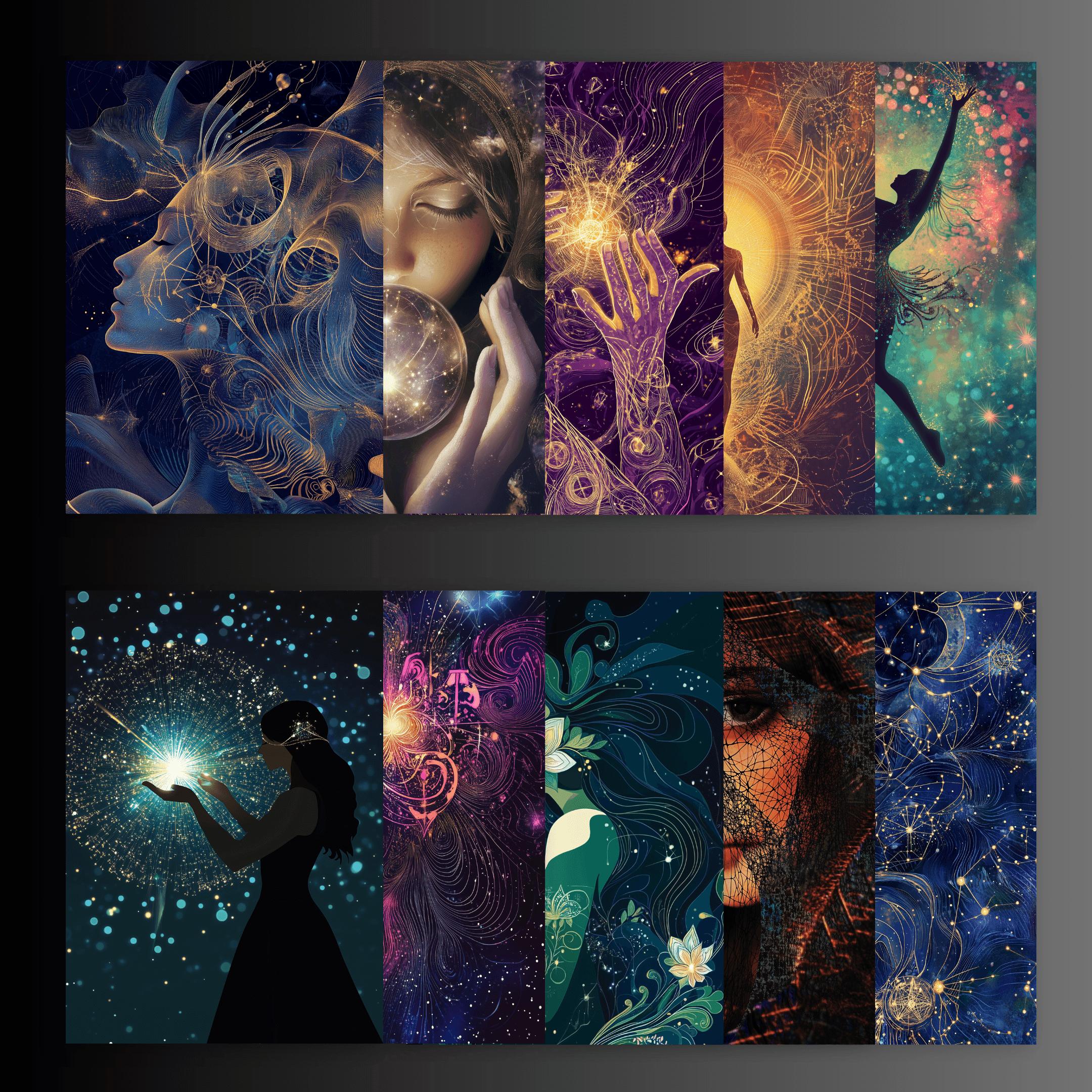 A series of eight digital artworks featuring ethereal, mystical female figures surrounded by intricate cosmic and abstract patterns in vibrant colors.