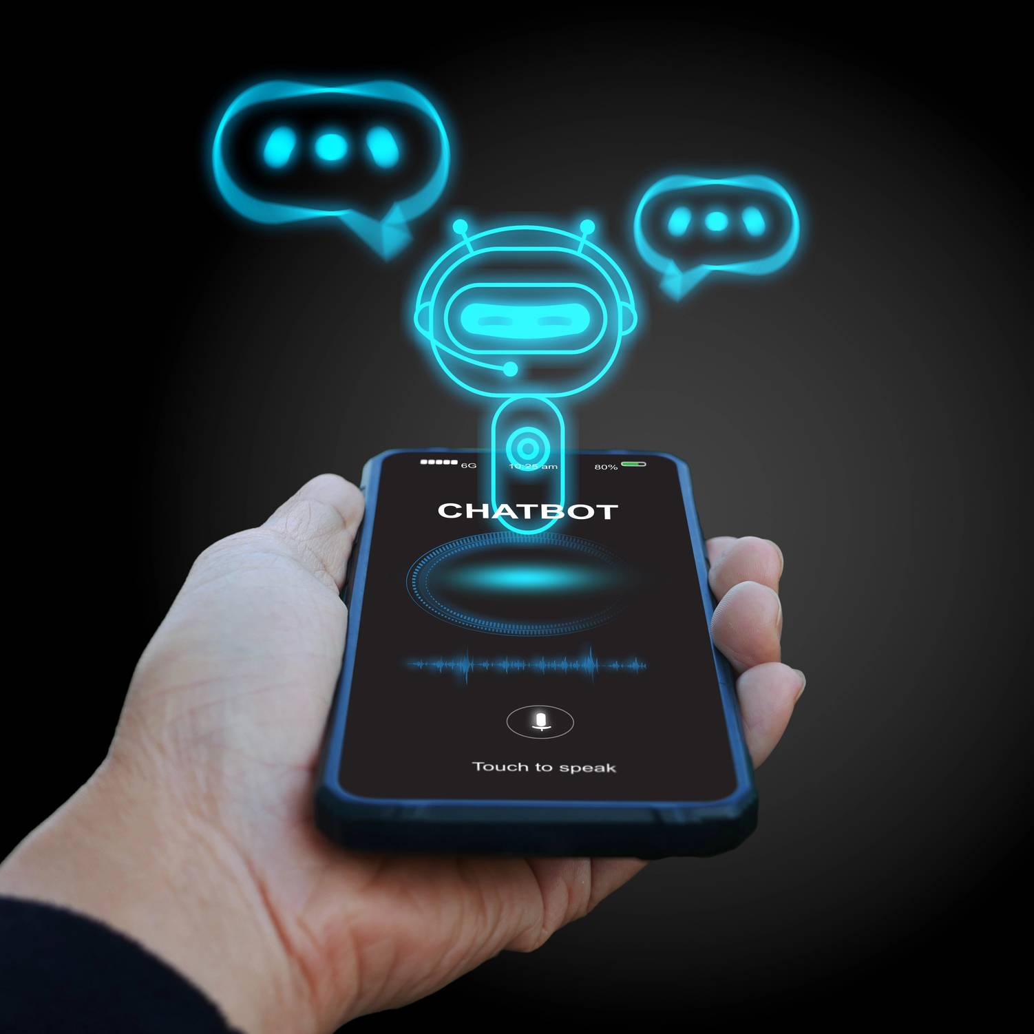 Digital chatbot, conversational agents, robot application, conversation assistant that mimic human speech. Hand holding smartphone with digital AI chatterbot on virtual screen for online information. A hand holds a smartphone displaying a chatbot interface, with blue digital speech bubbles and a robot icon appearing above the screen.