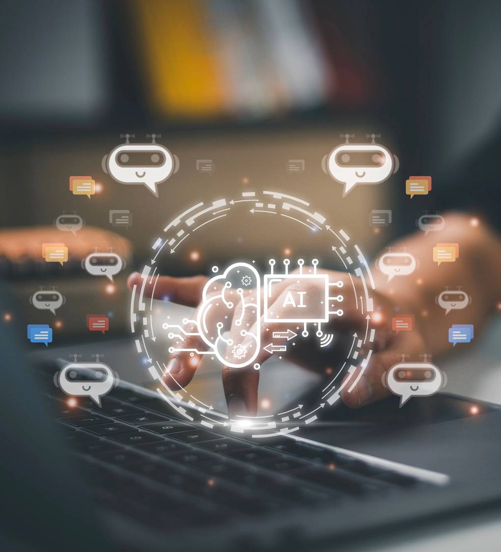 Businesswoman using chatbot in computer smart intelligence Ai. C Hands typing on a laptop keyboard with an overlay of artificial intelligence and chatbot icons, symbolizing AI technology and digital communication.