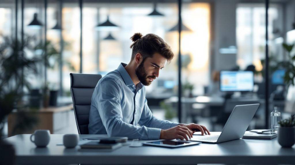 A man with a beard and a tied-back hairstyle works on a laptop at a desk in a modern office with large windows and blurred computer screens in the background.