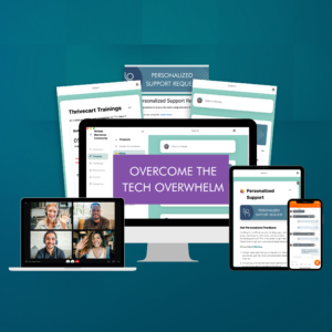 A collection of digital devices displaying various online training resources and communication tools against a teal background.