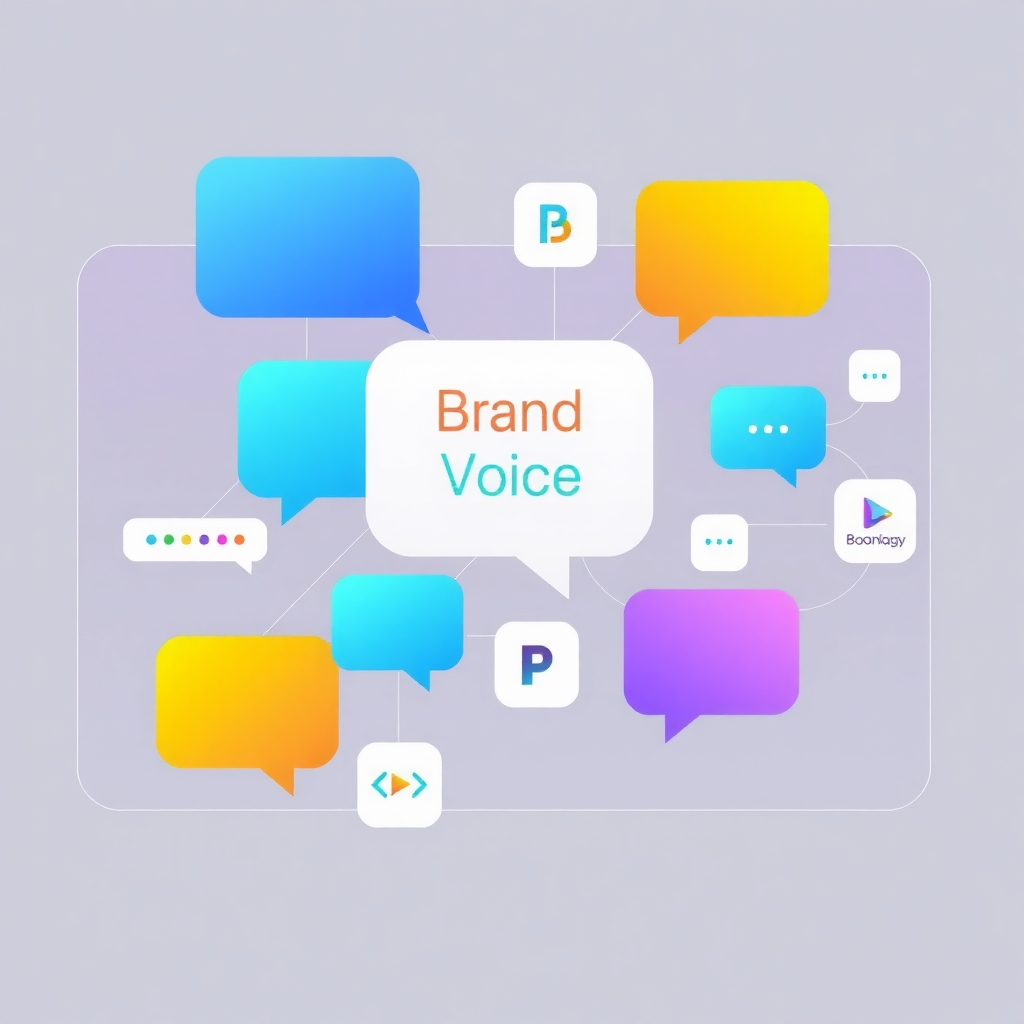 Colorful speech bubbles surround the text "Brand Voice," linked by lines to icons and small chat symbols, on a light gray background.