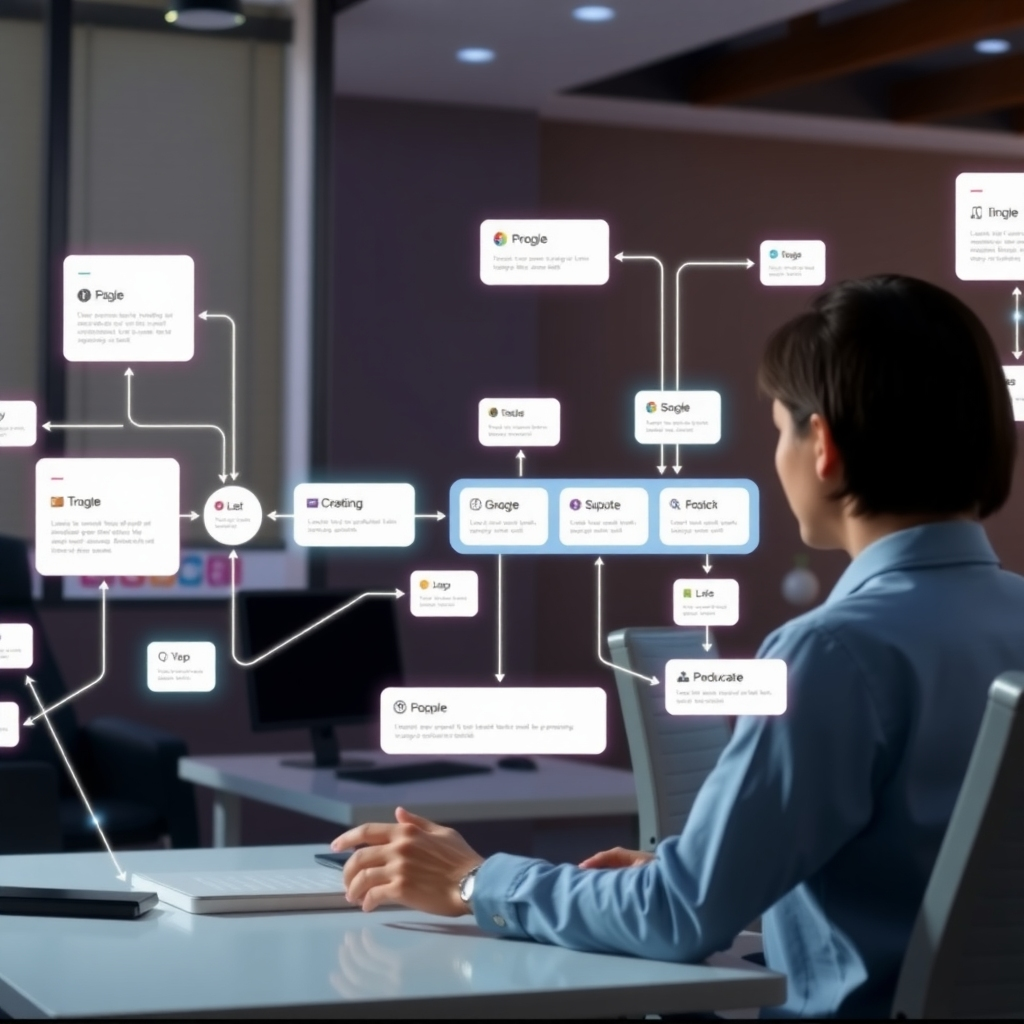 A person sits at a desk, looking at a floating digital flowchart screen displaying interconnected nodes and text, with a laptop and notepad nearby in an office setting.