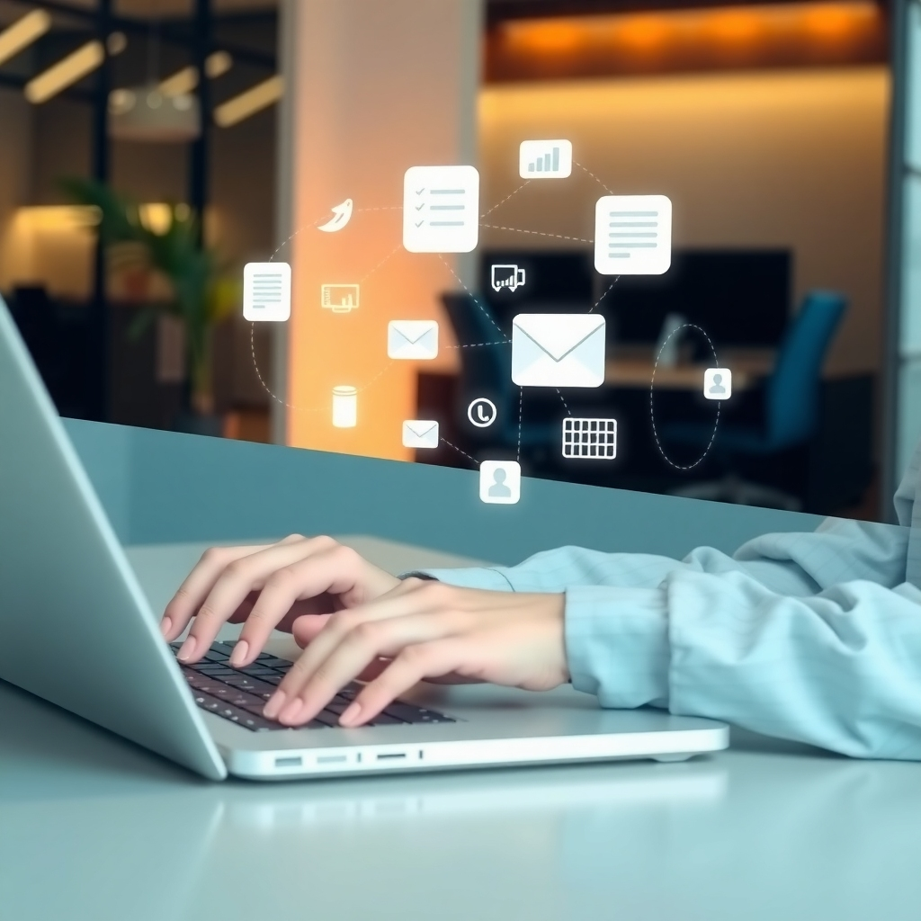 Hands typing on a laptop with floating digital icons including a calendar, email, and messaging symbol, set in a modern office environment.