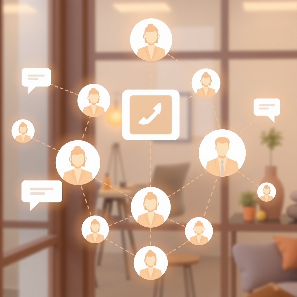 Illustration of a network of connected avatars and a phone icon, symbolizing communication. Office setting in the background with blurred furniture and decor elements.