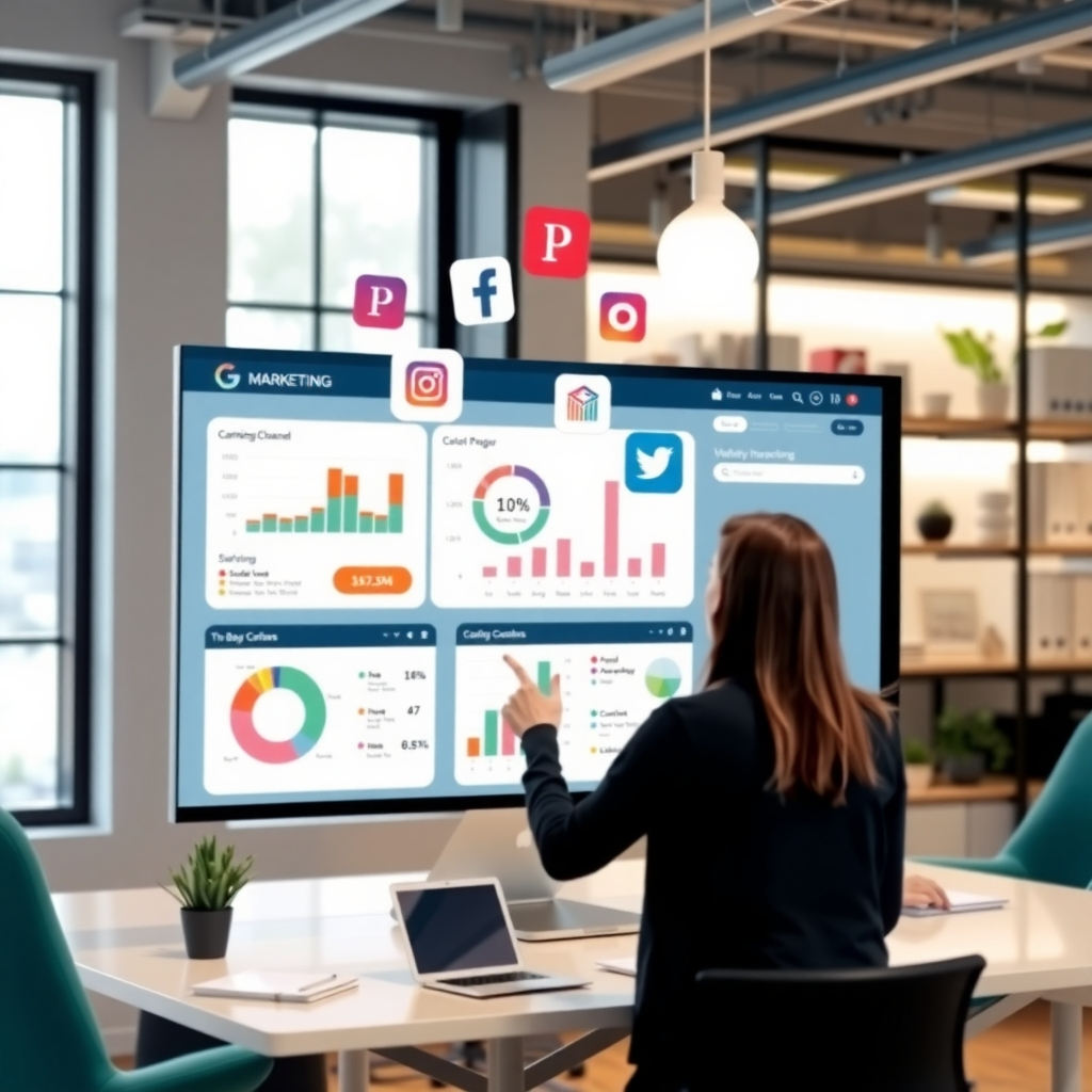 A person reviews marketing analytics on a large screen in an office. Various social media logos float above, indicating data sources.