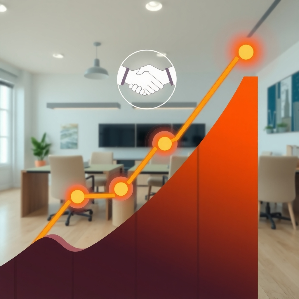 A line graph with an upward trend and handshake icon is overlaid on a modern conference room.