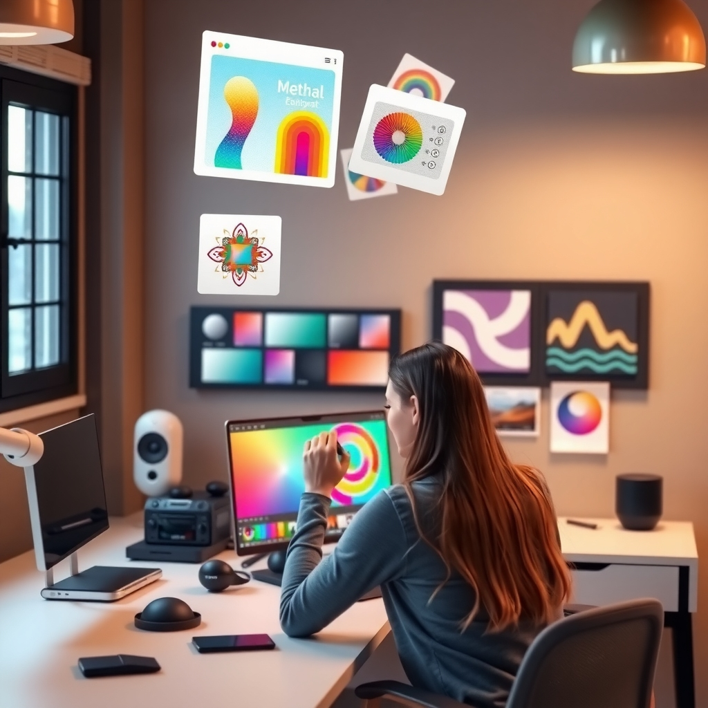 A person working at a desk with a computer displaying colorful digital art. Various art pieces float in the air. The room is softly lit and equipped with speakers and other devices.