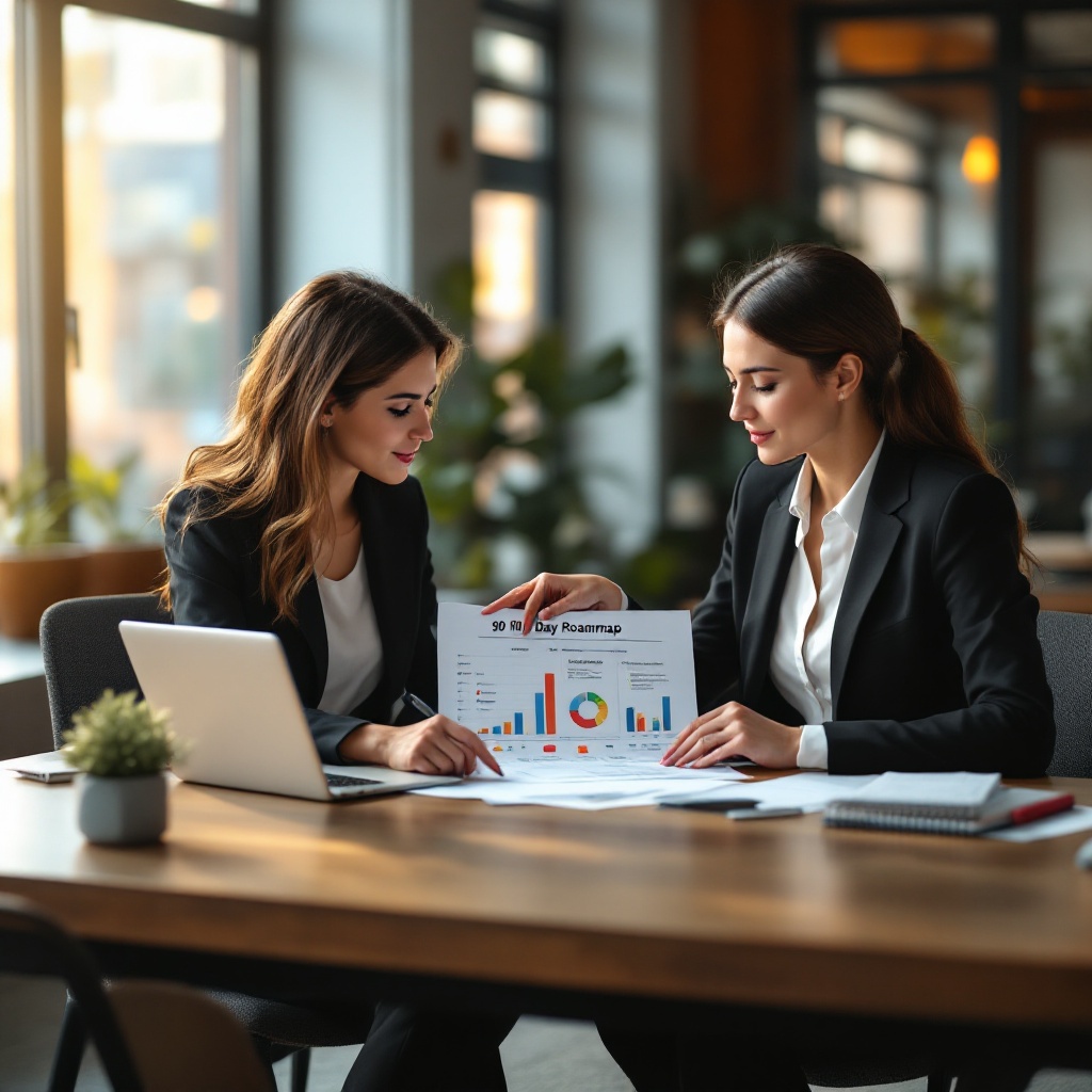 Two women in business attire sitting at a desk in an office, discussing a printed chart titled "30 Day Roadmap," with a laptop and papers on the table.