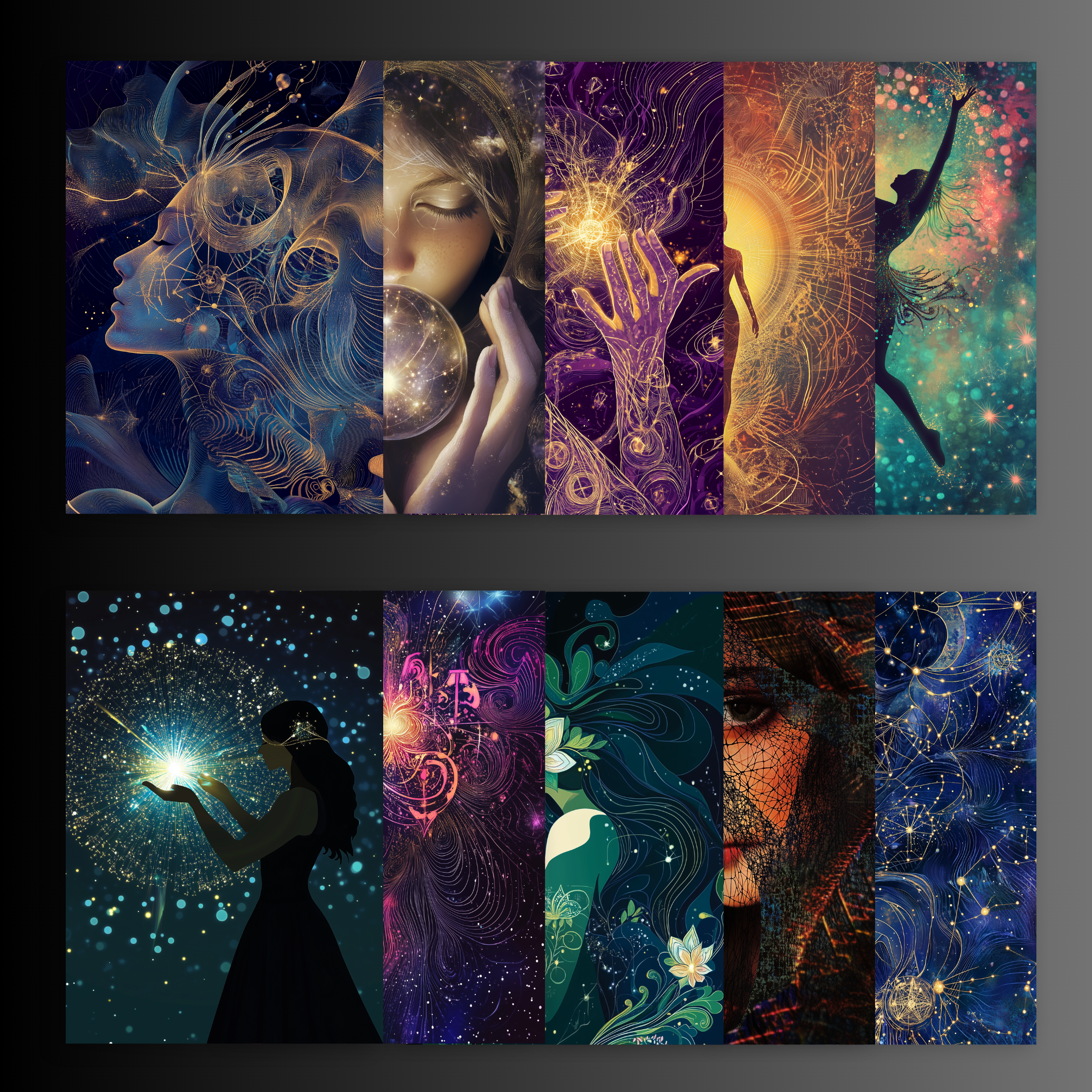 A series of eight digital artworks featuring ethereal, mystical female figures surrounded by intricate cosmic and abstract patterns in vibrant colors.