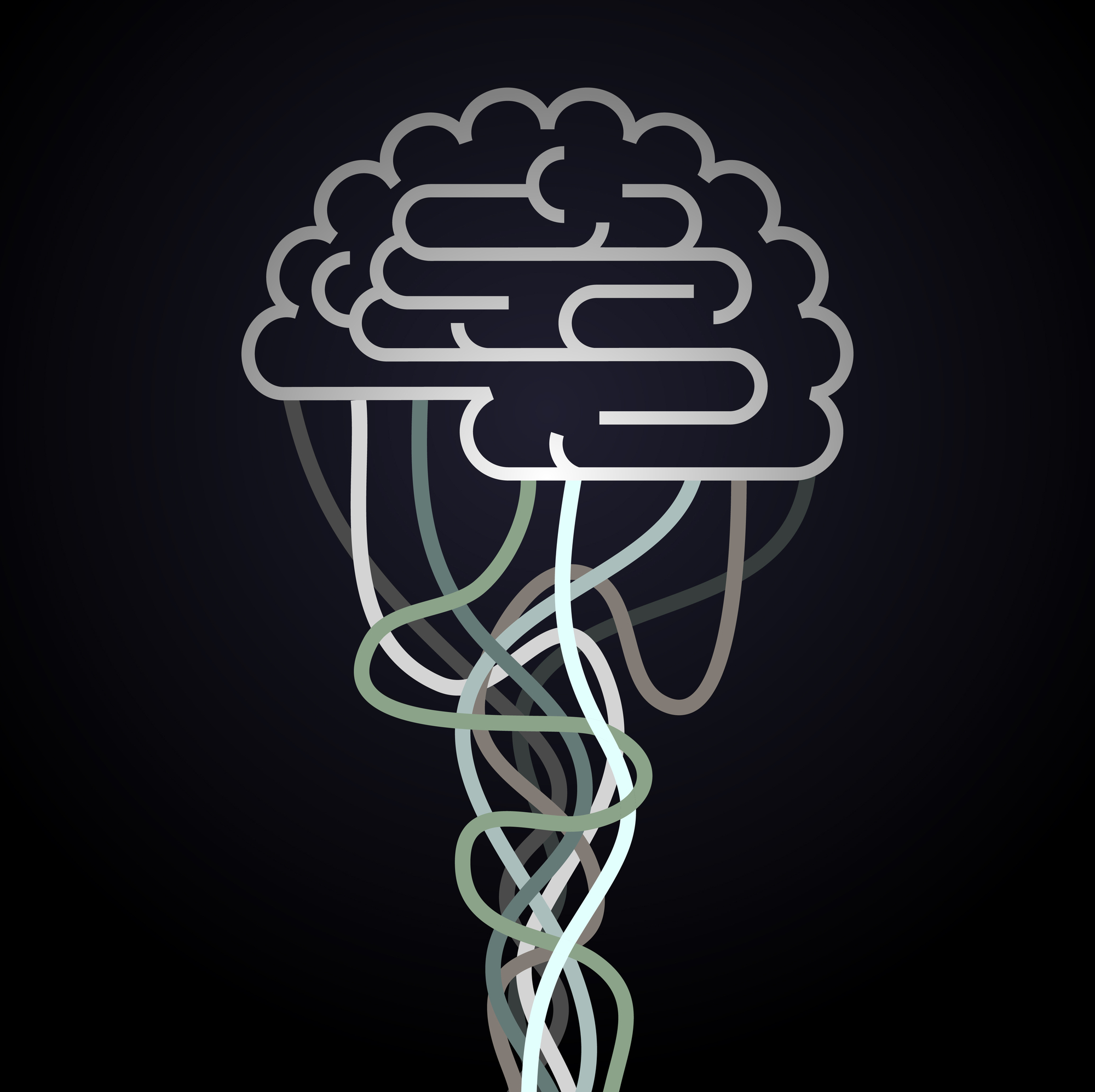 Print A stylized illustration of a brain with interconnected, looping lines extending downward, set against a dark gradient background.
