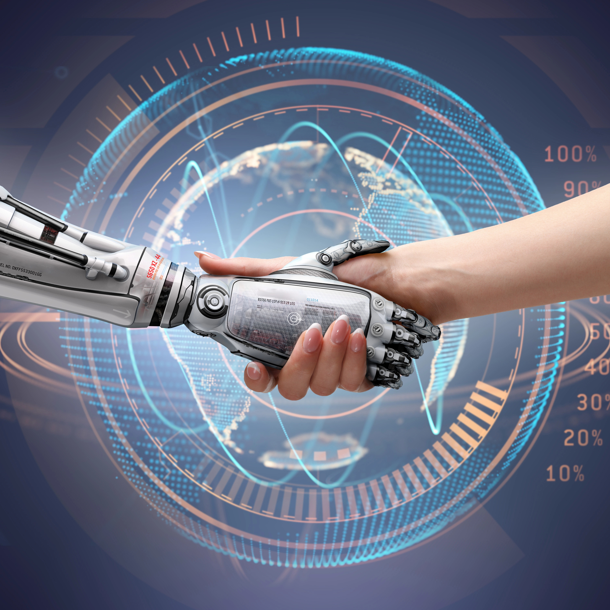 Depositphotos_71503555_L (1) A human hand shakes a robotic hand in front of a digital globe and data graphics, symbolizing human-robot collaboration.