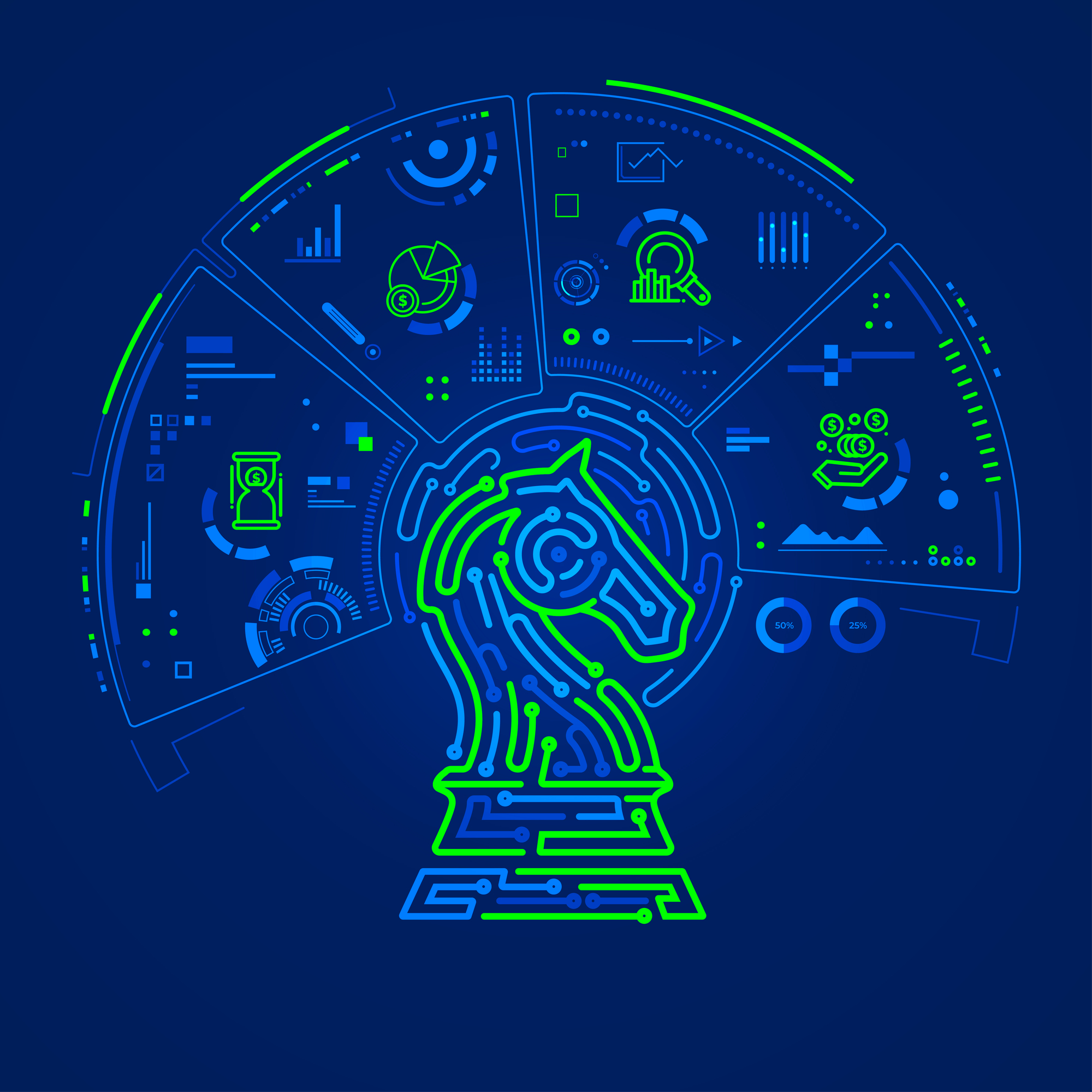 Depositphotos_817092616_L Digital illustration of a chess knight surrounded by data visualizations, charts, and circuit-like patterns on a dark blue background.